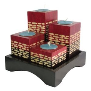 Chiang Mai Handicrafts Wholesale Mango Wood Squares Candle Holder Set with spots pattern