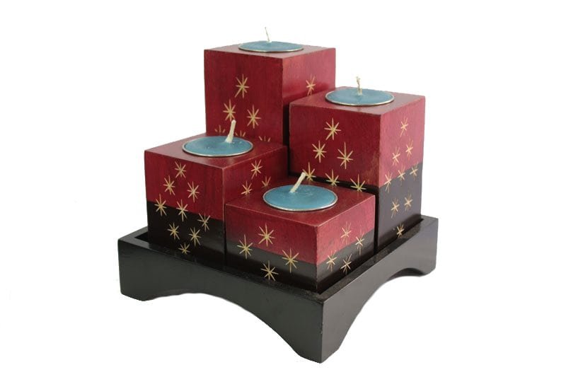 Mango Wood Squares Candle Holder Set with star design