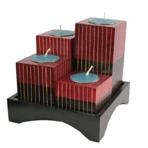 Mango Wood Squares Candle Holder Set with stripes pattern