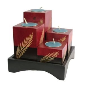Mango Wood Squares Candle Holder Set with leaf pattern