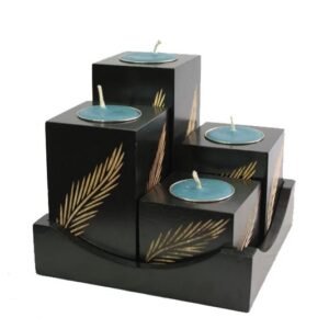 Chiang Mai Handicrafts Wholesale Mango Wood Squares Candle Holder Set with leaf design