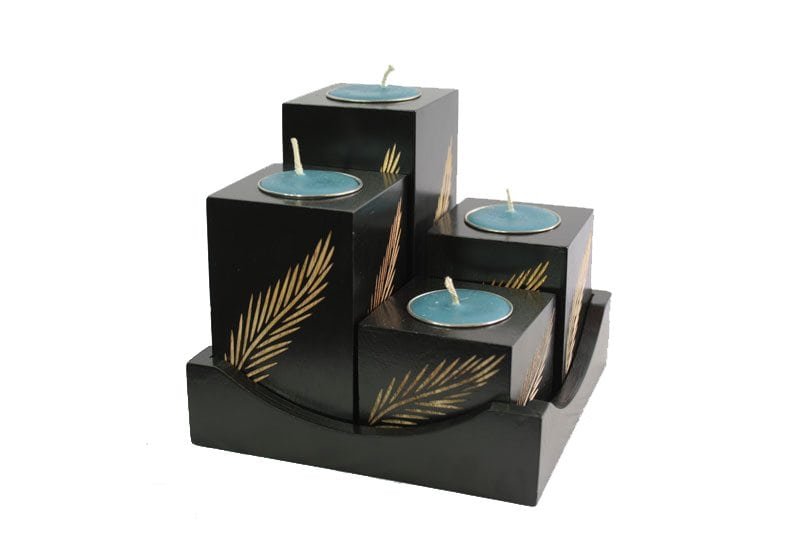 Chiang Mai Handicrafts Wholesale Mango Wood Squares Candle Holder Set with leaf design