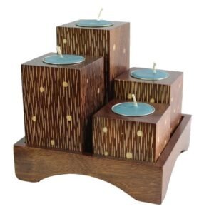 Mango Wood Squares Candle Holder Set with stripes design