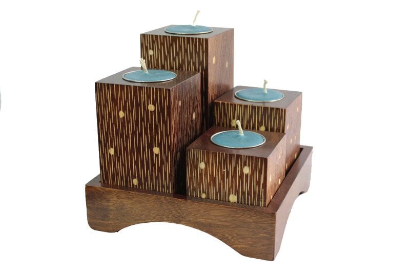 Mango Wood Squares Candle Holder Set with stripes design