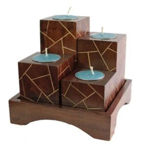 Mango Wood Squares Candle Holder Set with stripes pattern
