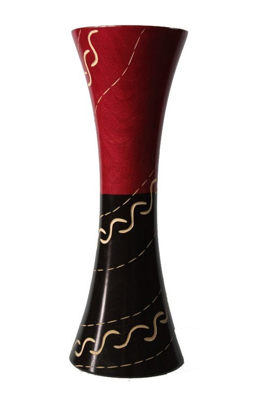Medium Mango Wood Vase in black and red color with Stripes design