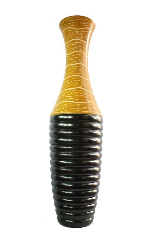 Large Mango Wood Vase in black and yellow color with stripes design