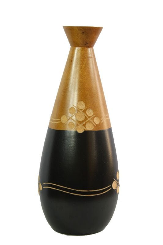 Large Mango Wood Vase in black and yellow color with spots design