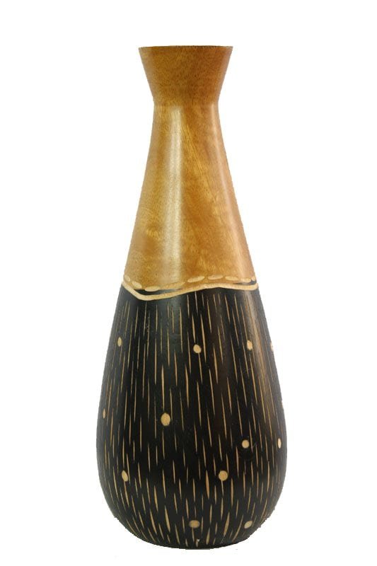 Large Mango Wood Vase in black and yellow color with spots design