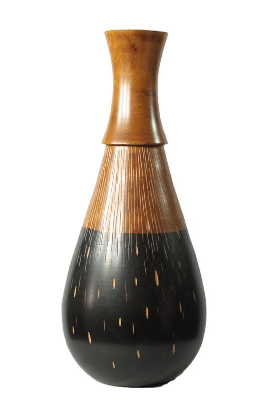 Medium Mango Wood Vase in black and brown color with stripes pattern
