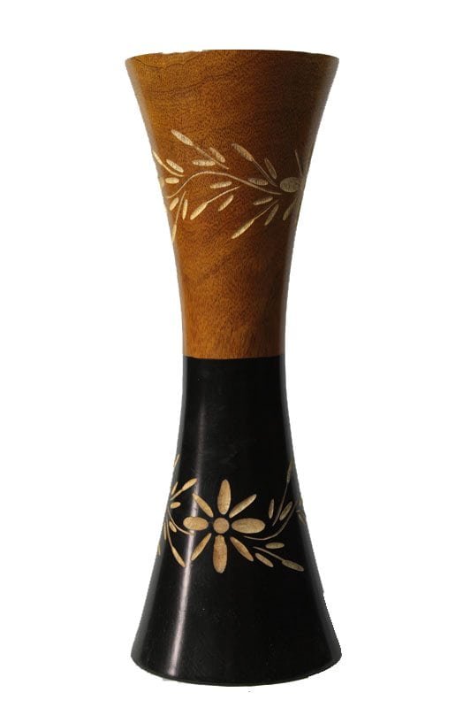 Thailand handicrafts Wholesale Medium Mango Wood Vase in black and yellow color with flower pattern
