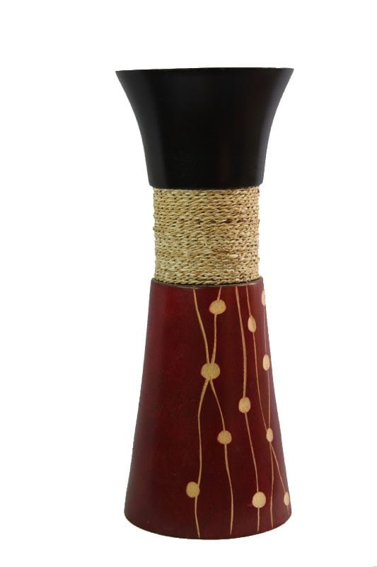 mango_wood_vase_thailand_wholesale_handicrafts_cm04151012 Mango Wood Medium Vase in black and red color with white spots pattern