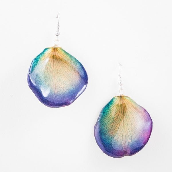 Real orchid flower jewelry Rose petal earrings in blue color