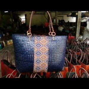 Navi blue bamboo handbag wholesale with Thai definition pattern