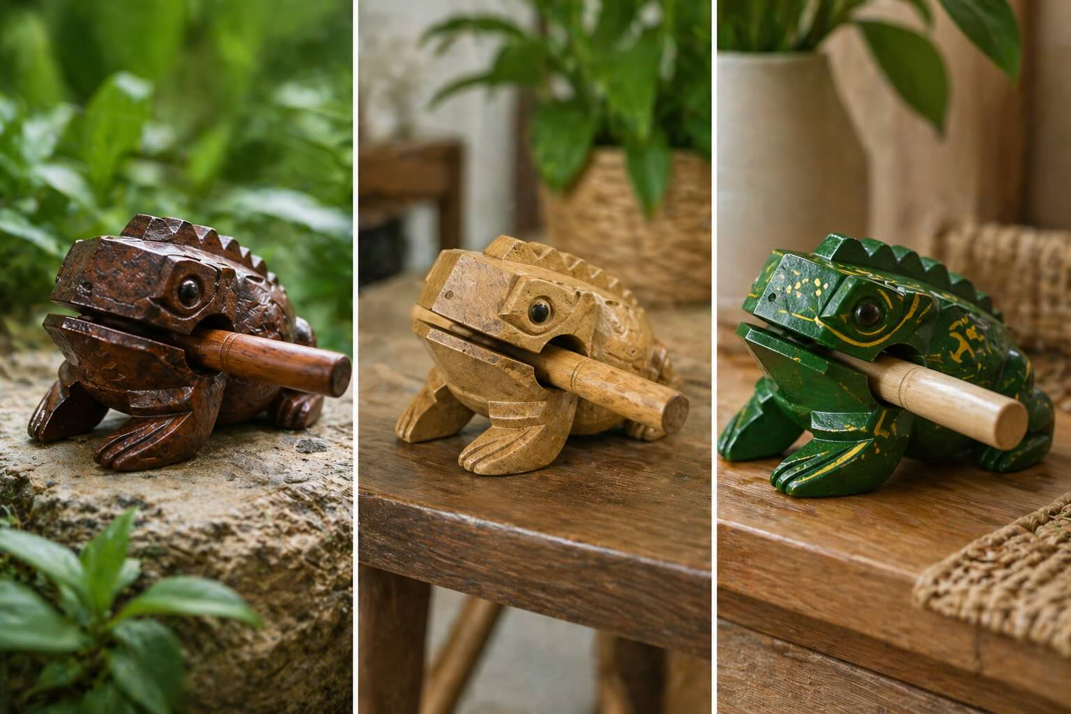 Frog sound maker in multiple colour finishes with sticks, prepared for B2B inventory