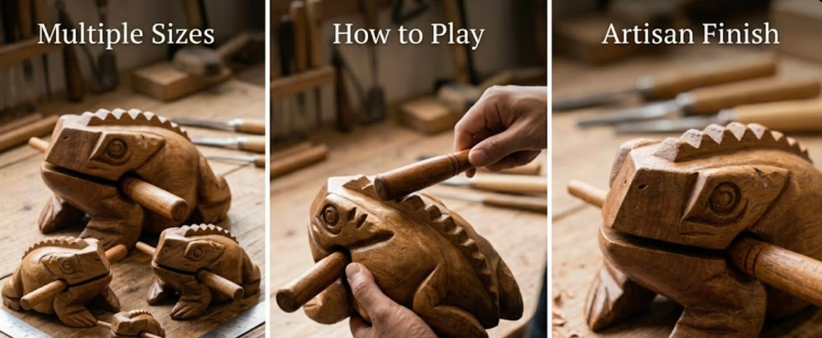 Wood frog rhythm toy showing three-panel images showing multiple sizes, how to play, and artisan finish