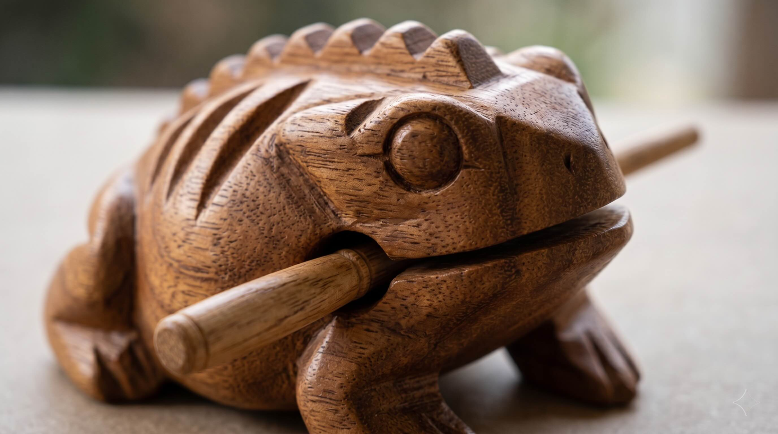 Hand-carved wooden frog guiro close-up showing natural wood grain and playing stick, wholesale supply