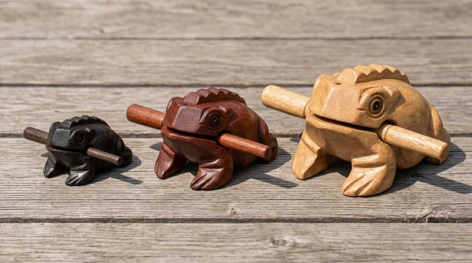 Three wooden frog guiros in small, medium, and large sizes with different finishes, bulk orders available